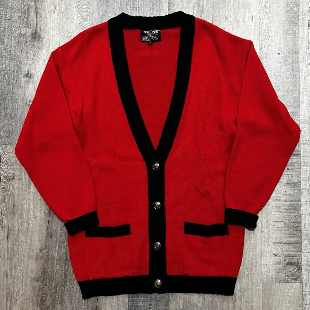 VTG Newcomer Red Cardigan Acrylic Knit Sweater 1980s Gold Buttons Pockets Sz M